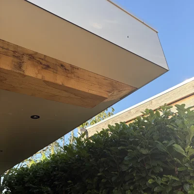 Detail van de dakrand van de tuinkamer met een houten balk en inbouwspot, naast een groene heg